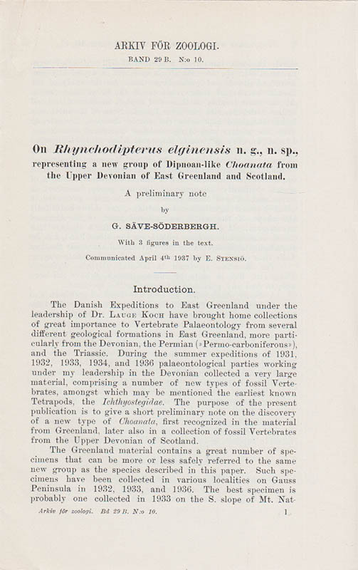 G. Säve-Söderbergh : On Rhynchodipterus elginensis n. g., n. sp., representing a new group of dipnoan-like choanata from the upper devonian of east Greenland and Scotland. A preliminary note by G. Säve-Söderbergh. Communicated April 4th by E. Stensiö