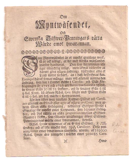 Georg Brandt : Om myntwäsendet, och swenska silfwer- penningars rätta wärde emot hwarannan.