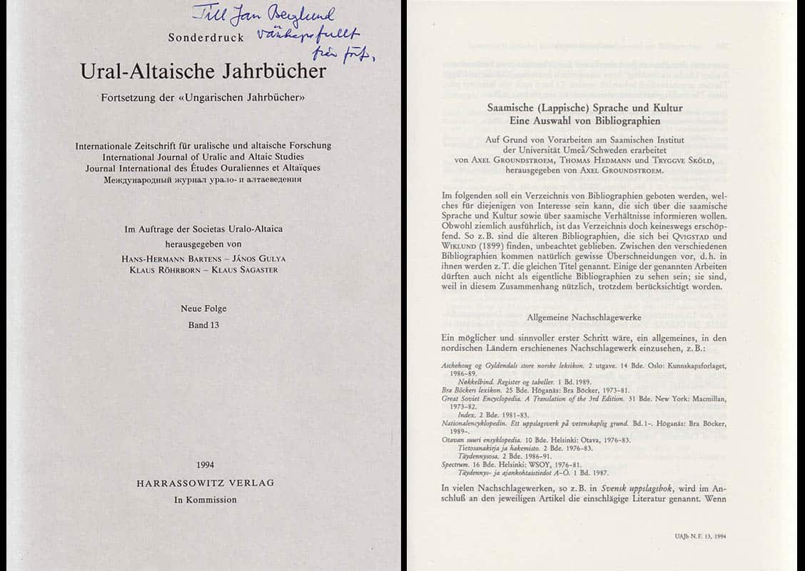 Groundstroem, Axel ; Hedman, Thomas (1946-2004) ; Sköld, Tryggve (1922-2012) : Saamische (Lappische) Sprache und Kultur. Eine Auswahl von Bibliographien. Auf Grund von Vorarbeiten am Saamischen Institut der Universität Umeå/Sweden erarbeitet von Axel Groundstroem, Thomas Hedmann und Tryggve Sköld
