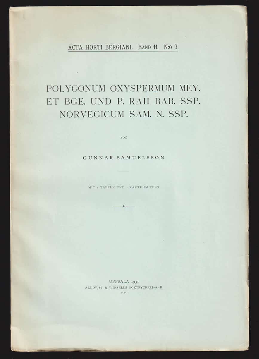 Gunnar Samuelsson : Polygonum oxyspermum Mey. et Bge. und P. Raii Bab. ssp. norvegicum Sam. n. ssp. Mit 2 Tafeln ind 1 Karte im text
