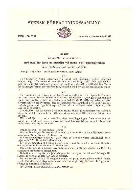 Gunnar Sträng : Kungl. Maj:ts kungörelse med taxa för lösen av medaljer vid mynt- och justeringsverket