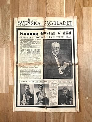 Gustaf V : Konung Gustaf V död. Officiellt tronskifte på slottet idag ... Svenska Dagbladet N:r 294. Måndagen den 30 oktober 1950. Nationalupplaga B (dagstidning)