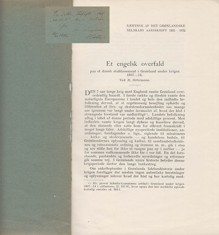 H. Ostermann : Et engelsk overfald paa et dansk etablissement i Grønland under krigen 1807-14
