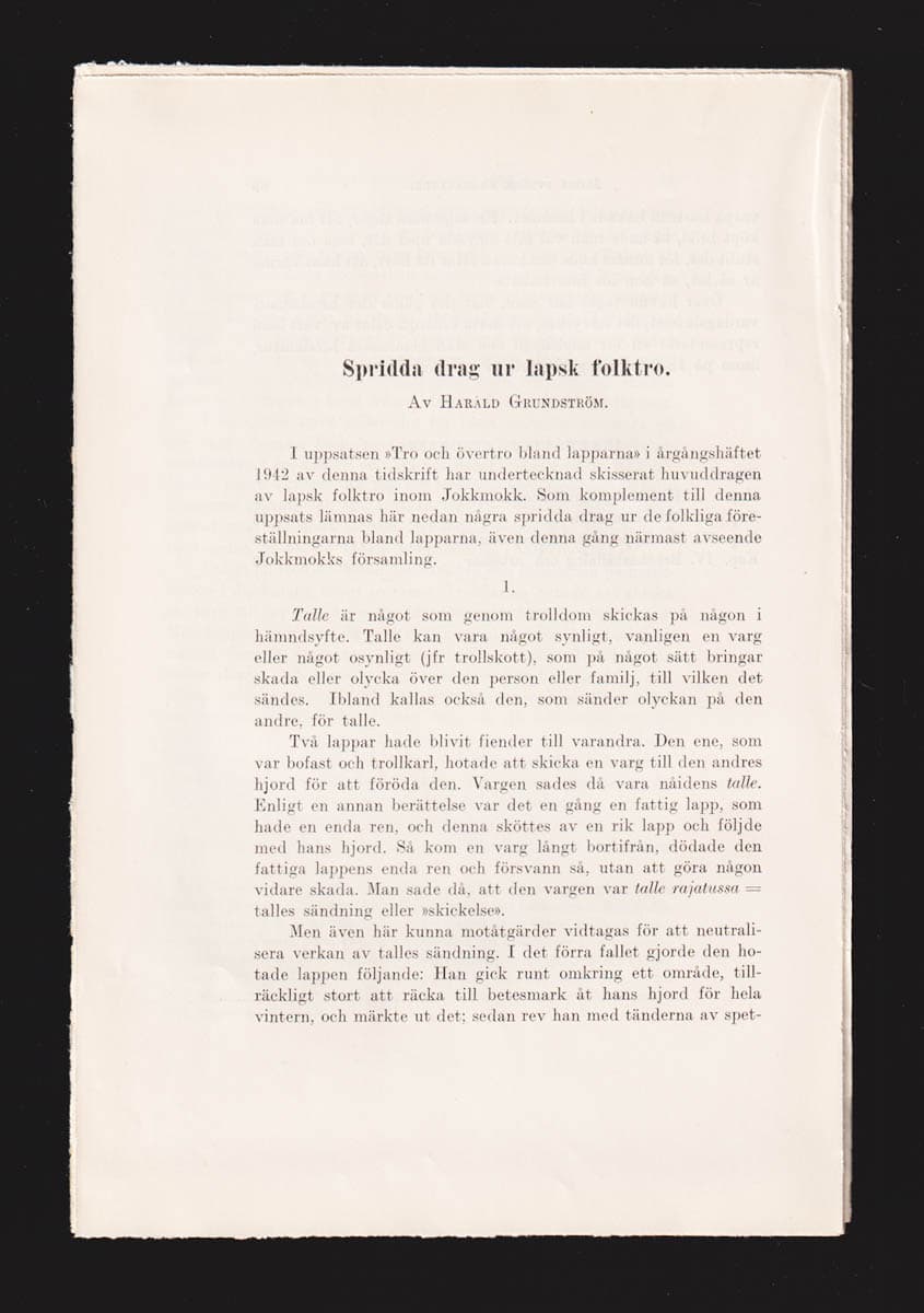Harald Grundström : Spridda drag ur lapsk folktro
