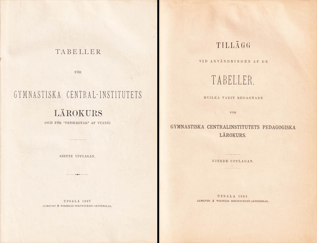 Hjalmar Ling : Tillägg vid användningen af de tabeller, hvilka varit begagnade för gymnastiska centralinstitutets pedagogiska lärokurs + Tabeller för gymnastiska central-institutets lärokurs (och för 'friskrotar' af vuxne)