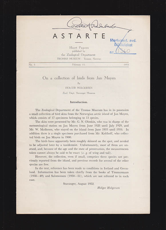 Holger Holgersen : On a collection of birds from Jan Mayen