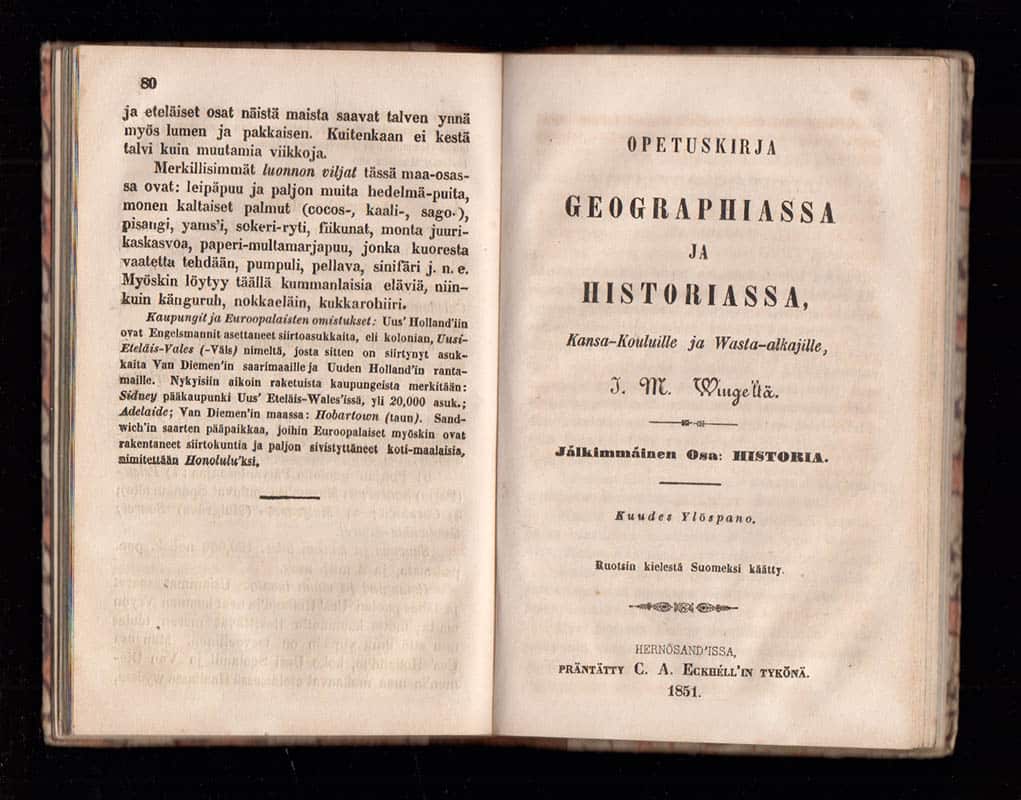 I. M. Winge : Opetuskirja Geographia'ssa ja Historia'ssa, Kansa-Kouluille ja Wastaalkajille, I. M. Winge'ltä. I-II. Edellinen Osa
