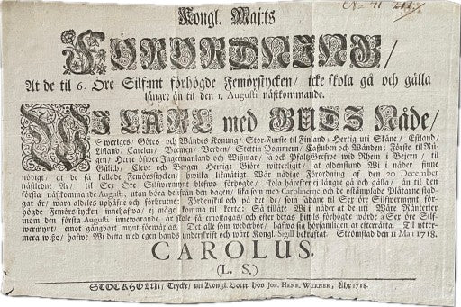 Indragning av 5-öringar – KONGL. MAJ:TS FÖRORDNING AT DE ... FEMÖRSTYCKEN ICKE SKOLA GÅ OCH GÄLLA (1718)