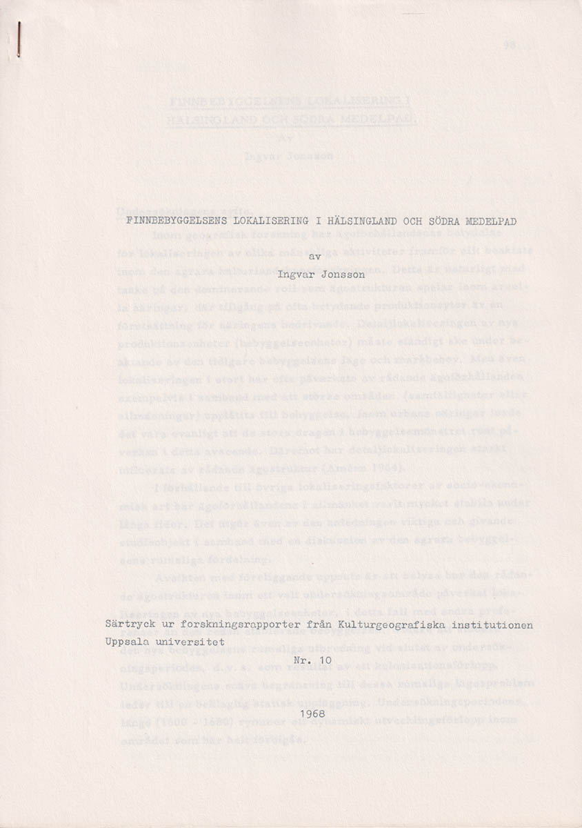 Ingvar Jonsson : Finnbebyggelsens lokalisering i Hälsingland och södra Medelpad
