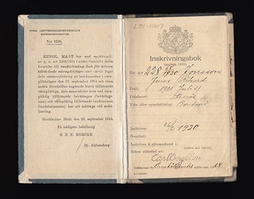 Inskrivningsbok för hären tilldelade värnpliktiga (upplaga 1920)
