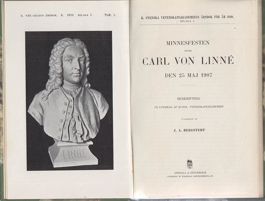 J. A. Bergstedt : Minnesfesten öfver Carl von Linné den 25 maj 1907. Beskrifning på uppdrag af Kungl. Vetenskapsakademien utarbetad af J. A. Bergstedt. Med 1 Tafla