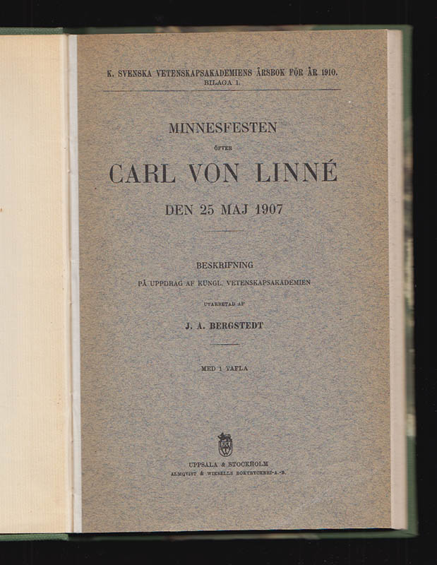 J. A. Bergstedt : Minnesfesten öfver Carl von Linné den 25 maj 1907. Beskrifning på uppdrag af Kungl. Vetenskapsakademien utarbetad af J. A. Bergstedt. Med 1 Tafla