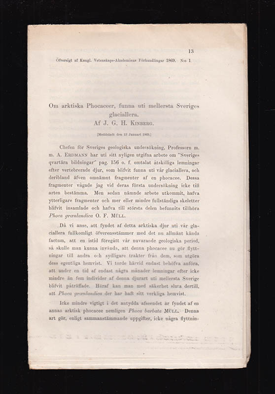 J. G. H. Kinberg : Om arktiska Phocaceer, funna uti mellersta Sveriges glaciallera