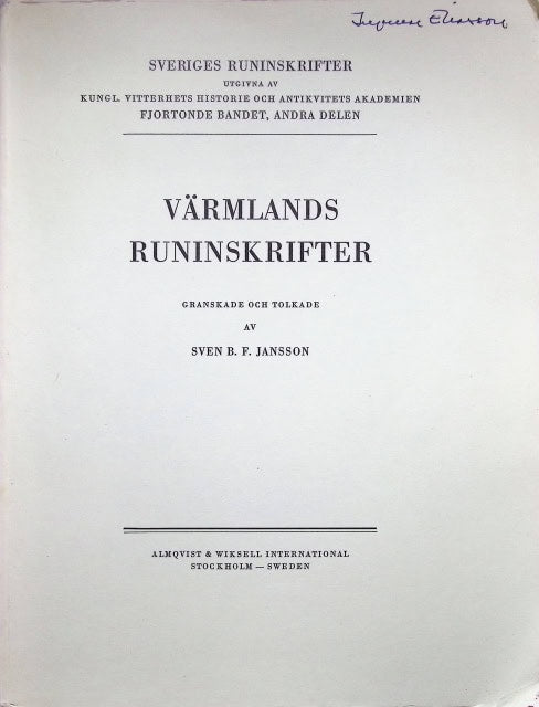 Jansson Sven B. F : Värmländska runinskrifter., Fjortonde Bandet, Andra delen