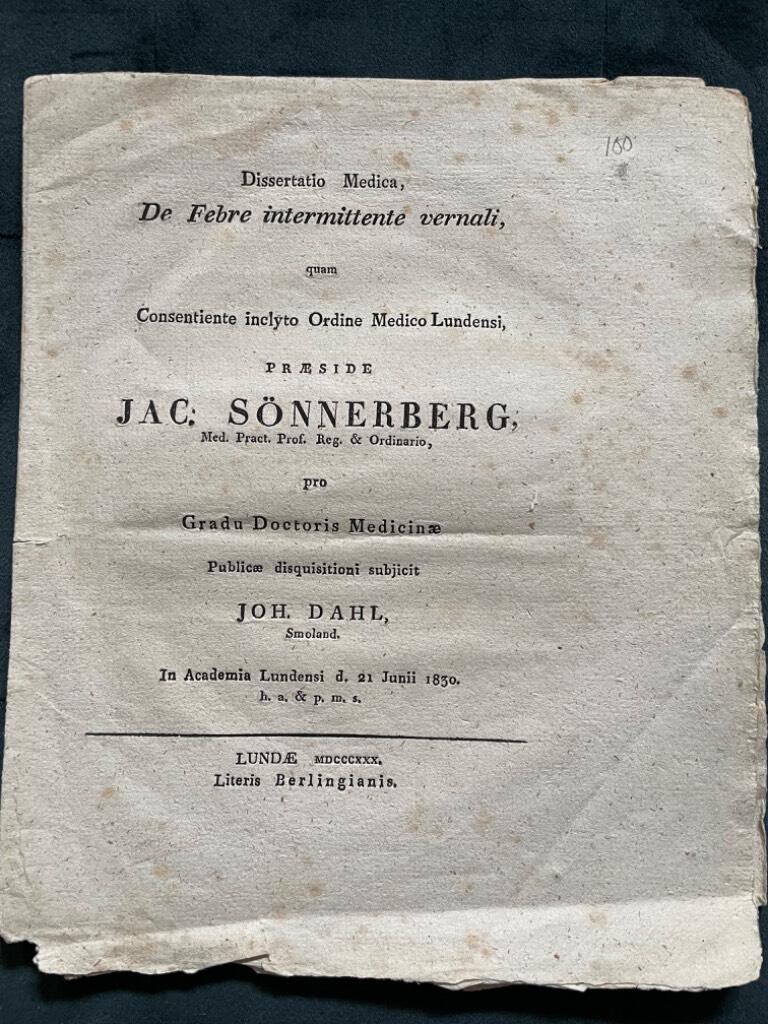 Joh. Dahl Jac. Sönnerberg : Dissertatio medica, de febre intermittente vernali