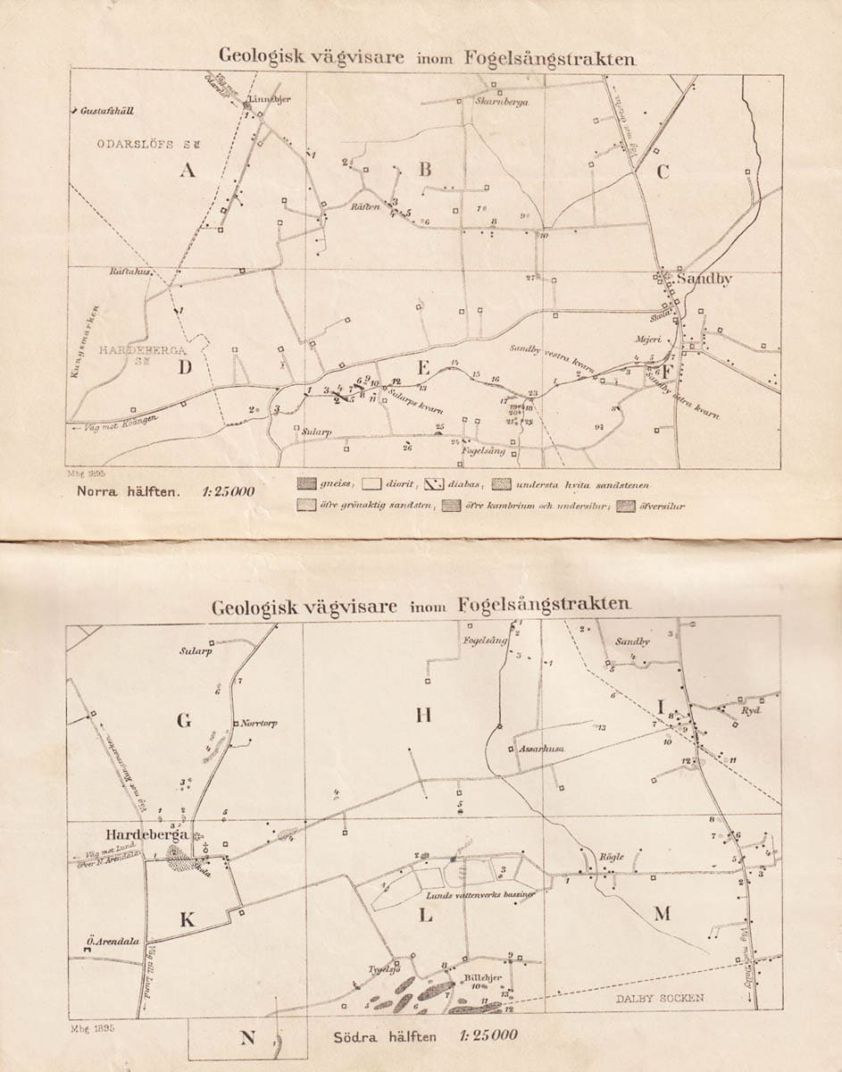 Johan Christian Moberg : Geologisk vägvisare inom Fågelsångstrakten. Angifvande läget och geologiska åldern af dervarande observationspunkter för fasta berggrunden. Med tre kartor