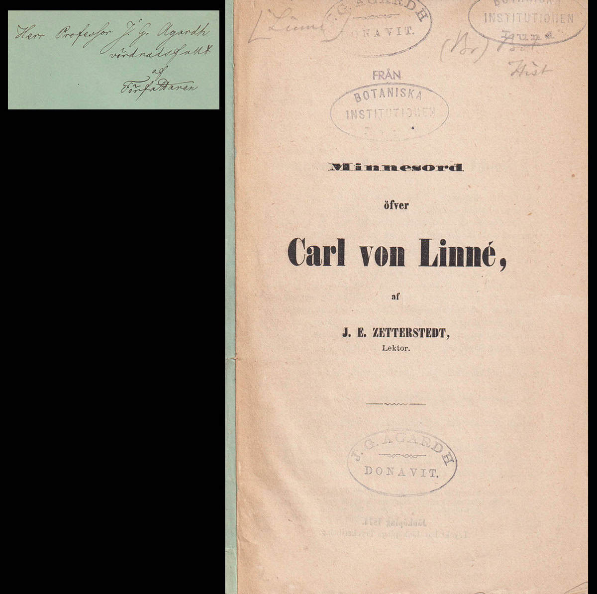 Johan Emanuel Agardh Zetterstedt : Minnesord öfver Carl von Linné. Tal hållet den 16 November 1872 vid en minnesfest öfver Linné, given af Jönköpings högre Elementarläroverkets studerande unfdom. ...