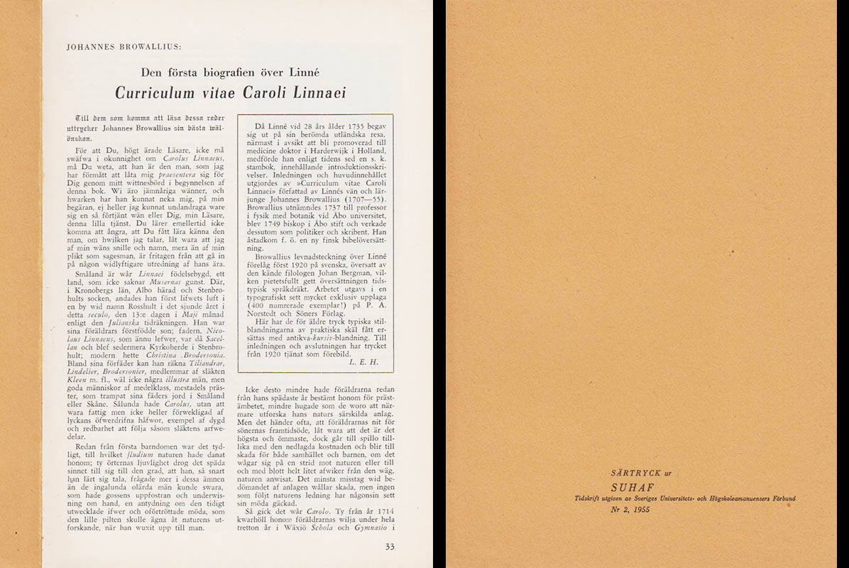 Johannes Brovallius : Den första biografien öfver Linné. Curriculum vitae Caroli Linnaei.