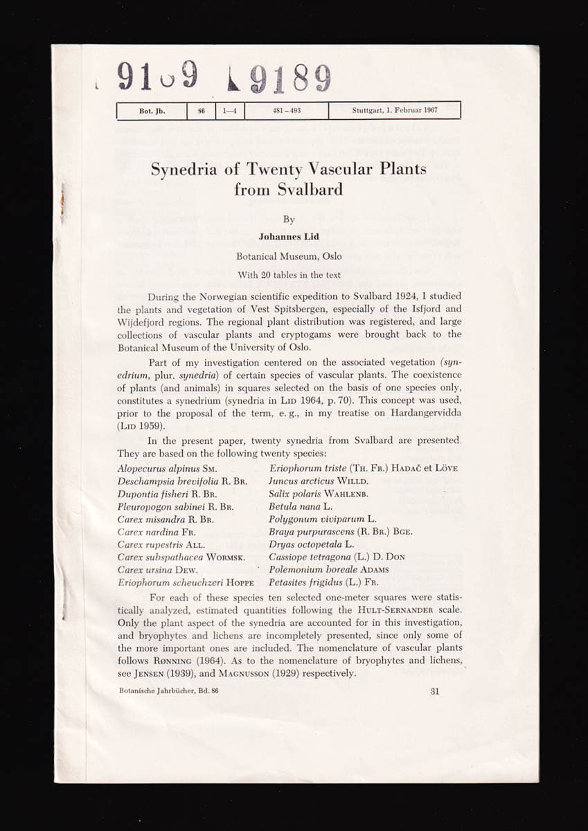 Johannes Lid : Synedria of Twenty Vascular Plants from Svalbard. With 20 tables in the text