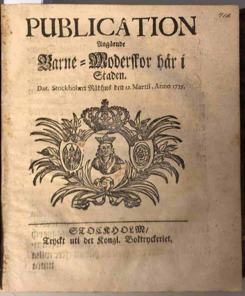 (Jordemor 1725)) Publication angående Barne-Moderskor här i Staden