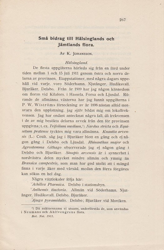 K. Johansson : Små bidrag till Hälsinglands och Jämtlands flora