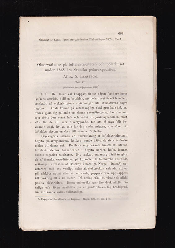 K. S. Lemström : Observationer på luftelektriciteten och polarljuset under 1868 års Svenska polarexpedition. Tafl. XII. Meddeladt den 8 September 1869