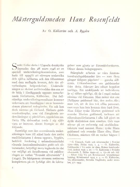 Källström, O; Bygdén ,A. : Mästerguldsmeden Hans Rosenfeldt