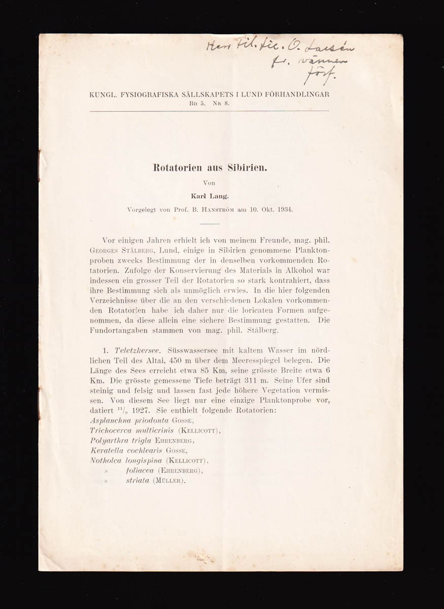 Karl Lang : Rotatorien aus Sibirien (dedikation)