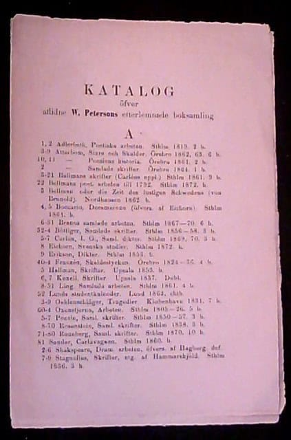 Katalog öfver W. Petersons efterlemnade boksamling