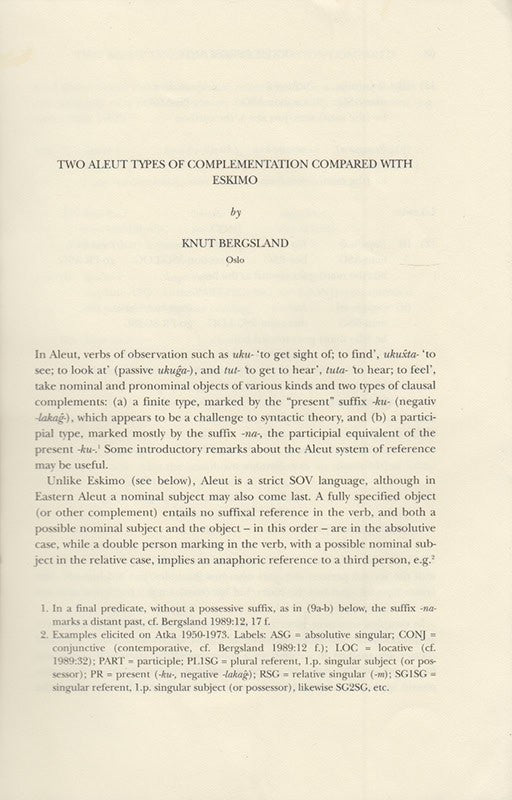 Knut Bergsland : Two aleut types of complementation compared with Eskimo