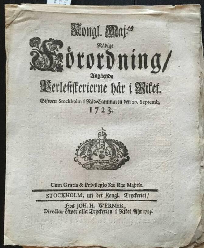 Kongl. Maj:ts Nådige Förordning, Angående Perlefiskerierne här i Riket. Gifwen Stockholm i Råd-Cammaren den 20. Septemb. 1723