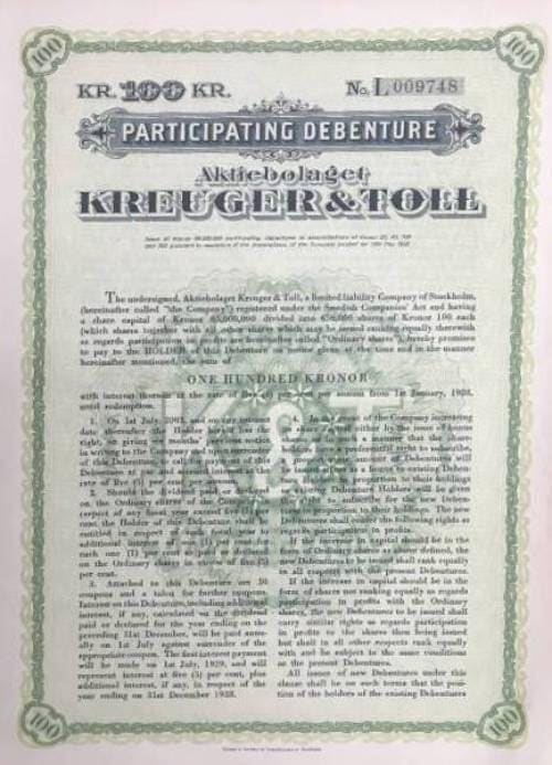 Kreuger & Toll aktiebrev (Participating Debenture) 100 kr