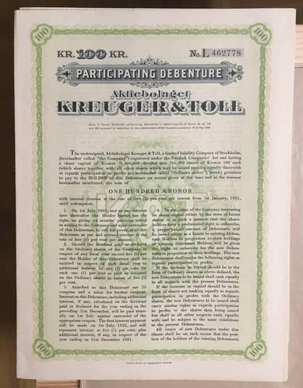 Kreuger & Toll aktiebrev (Participating Debenture) 100 kr