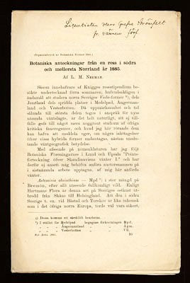 L. M. Neuman : Botaniska anteckningar från en resa i södra och mellersta Norrland år 1885 (dedikation)