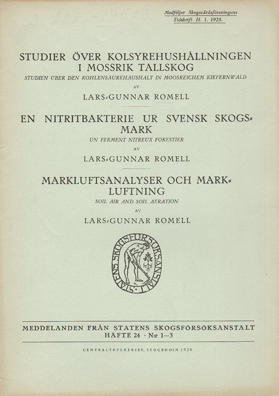 Lars-Gunnar Romell : Studier över kolsyrehushållningen i mossrik tallskog + En nitritbakterie ur svensk skogsmark + Markluftsanalyser och markluftning