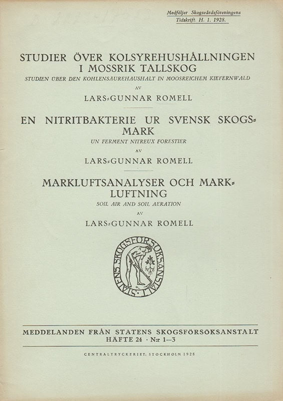 Lars-Gunnar Romell : Studier över kolsyrehushållningen i mossrik tallskog + En nitritbakterie ur svensk skogsmark + Markluftsanalyser och markluftning