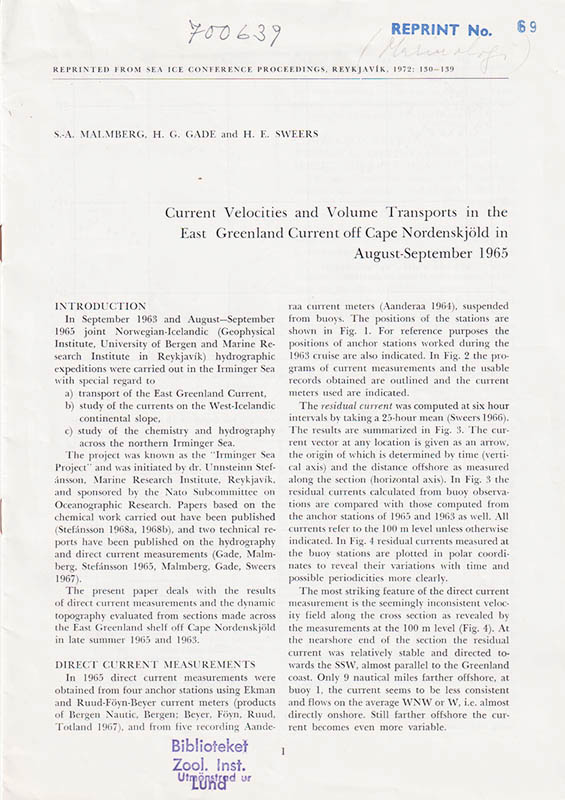 Malmberg, S.-A. ; Gade, H. G. ; Sweers, H. E. : Current Velocities and Volume Transports in the East Greenland Current off Cape Nordenskjöld in August-September 1965