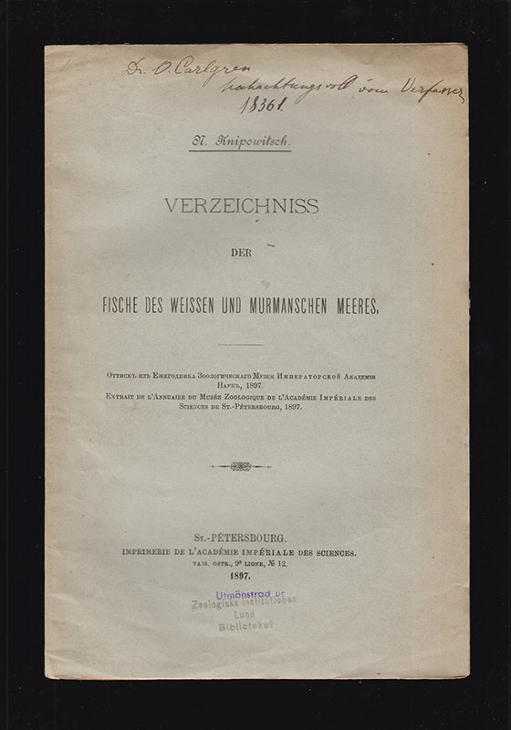 N. Knipowitsch : Verzeichniss der Fische des Weissen und Murmanschen Meeres (Présenté le 29 janvier 1897)