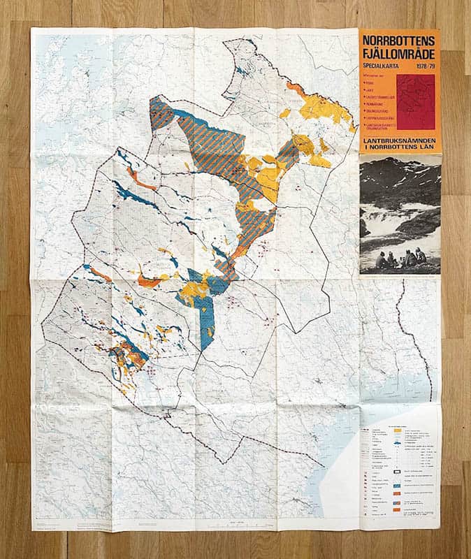Norrbottens fjällområde. Specialkarta 1978/79. Information om fiske, jakt, lagbestämmelser, rennäring, odlingsgräns, lappmarksgräns, lantbruksverkets organisation