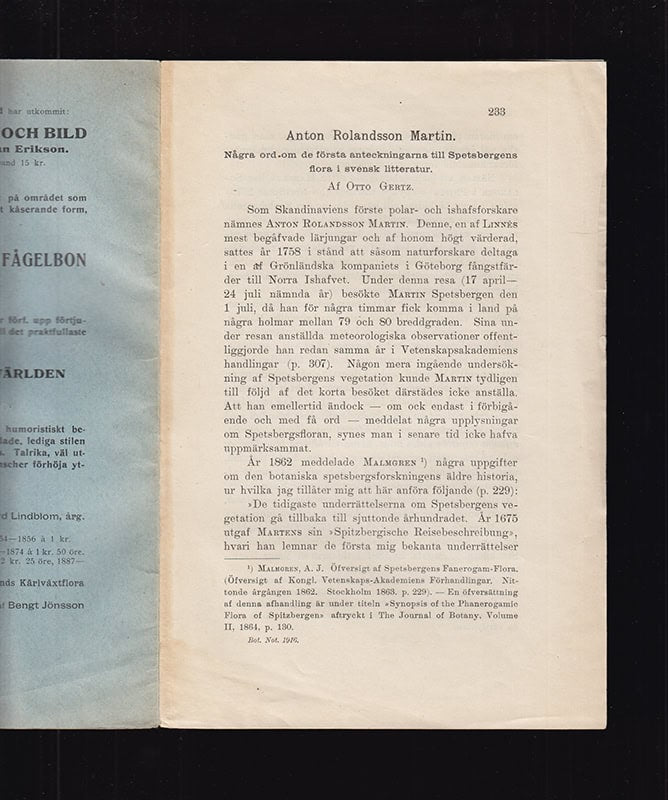 Otto Gertz : Anton Rolandsson Martin. Några ord om de första anteckningarna till Spetsbergens flora i svensk litteratur