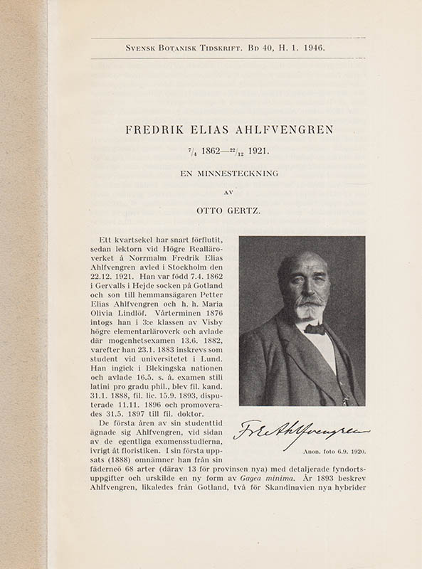 Otto Gertz : Fredrik Elias Ahlfvengren 7/4 1862 - 22/12 1921. En minnesteckning