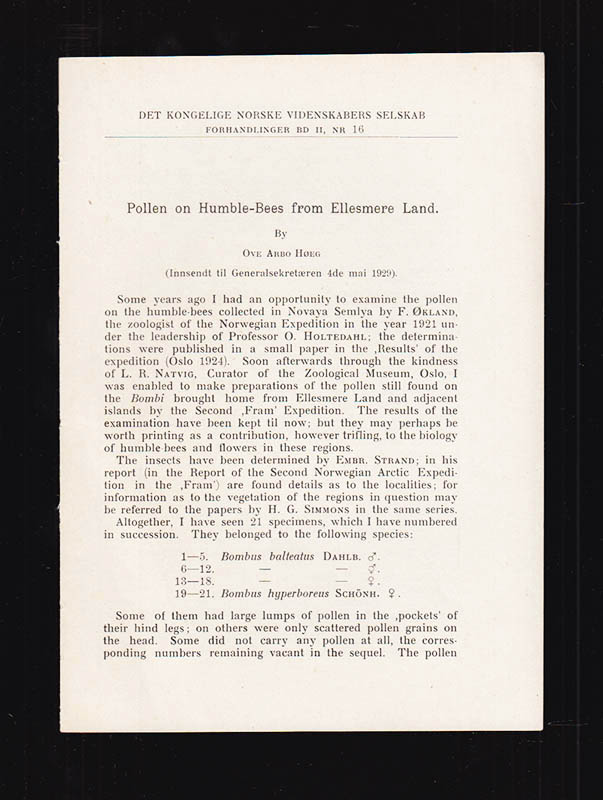 Ove Arbo Høeg : Pollen on Humble-Bees from Ellesmere Land