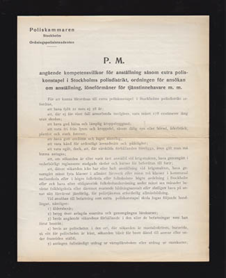 P. M. angående kompetensvillkor för anställning såsom extra poliskonstapel i Stockholms polisdistrikt, ordningen för ansökan om anställning, löneförmåner för tjänsteinnehavare m. m.