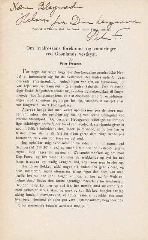 Peter Freuchen : Om hvalrossens forekomst og vandringer ved Grønlands Vestkyst