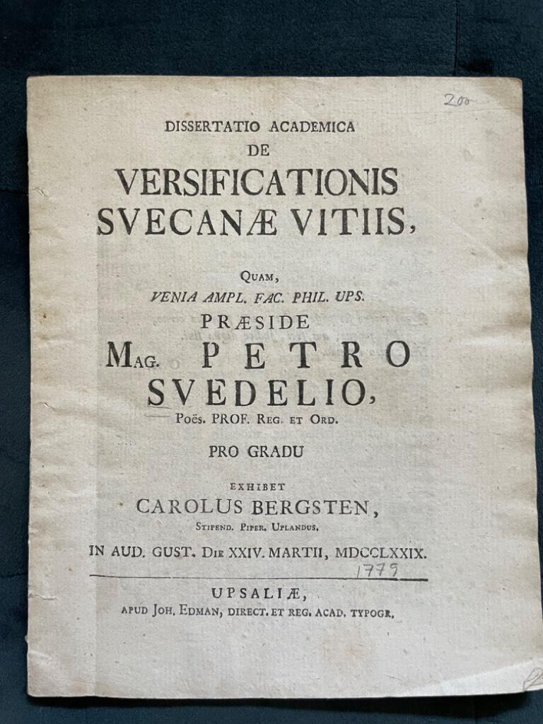 Petro Svedelio (preses) ; Carolus Bergsten (respondent) : Dissertatio academica de versificationis svecanae vitiis