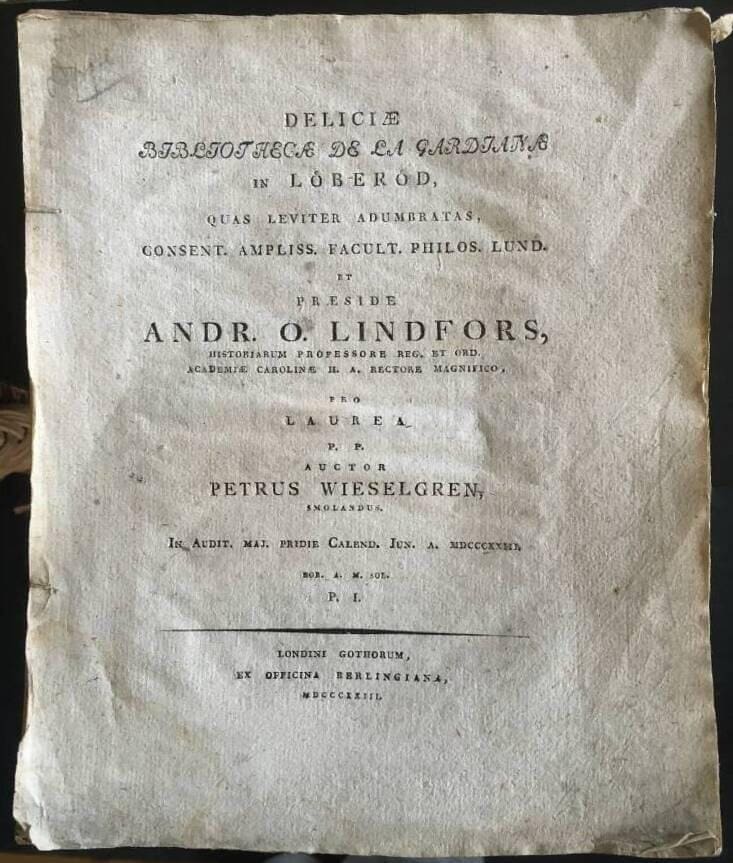 Petrus Wieselgren : Bibliotecae de la Gardianae in Löberöd