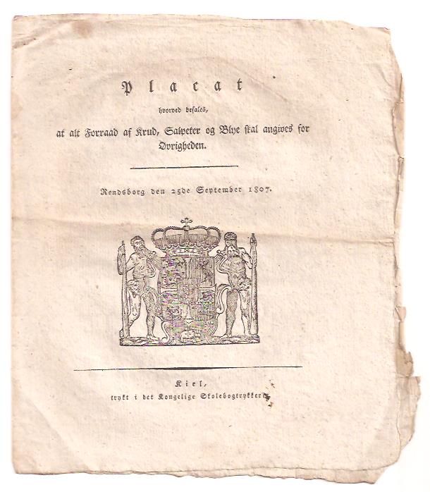 Placat hvorved befales, at alt Forraad af Krud, Salpeter og Blye skal angives for Øvrigheden