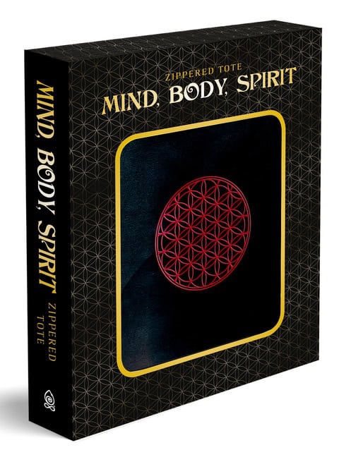 Red Feather : Red Embroidered Flower of Life on Black Two-Handled Tote with Zipper