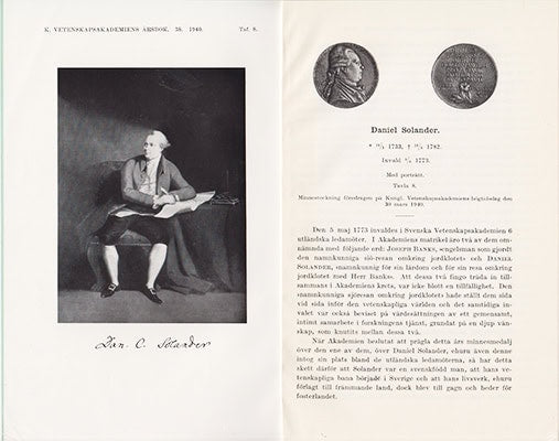 Robert Elias Fries : Daniel Solander 19/2 1733 - 13/5 1782. Biografi. Med porträtt (dedikation)