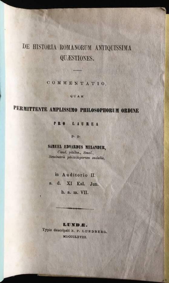 S E Melander : De Historia Romanorum...